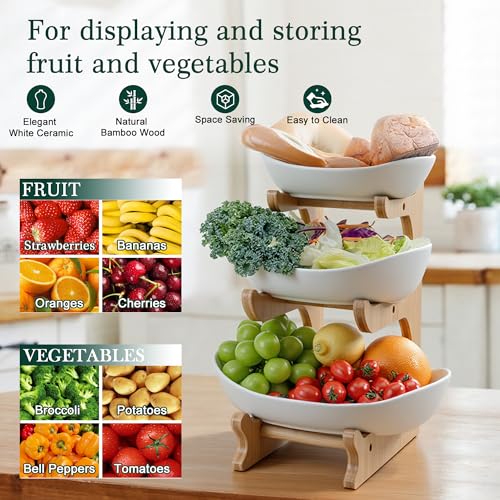 3-Tier Fruit Bowl with Bamboo Stand - Ceramic Serving Basket for Kitchen Counter Storage
