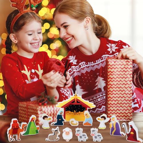 Yuntau 13-Piece Nativity Set – Wooden Stable Christmas Scene Figures