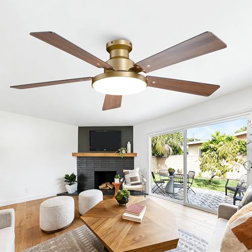 Golden 52 Inch Low Profile Ceiling Fan with Lights & Remote - Modern Gold & Wood Design