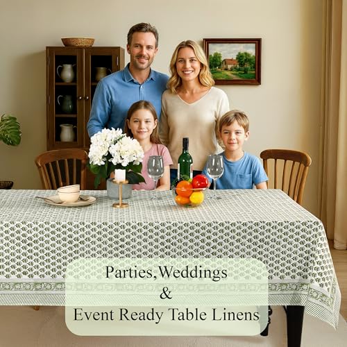 Emerald Green Cotton Tablecloth 70x108 Inch Rectangular Hand Block Print
