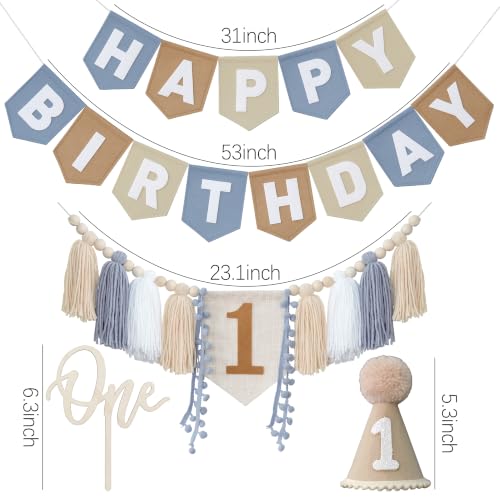 First Birthday Decorations for Boy Blue Khaki White Banner & Party Set