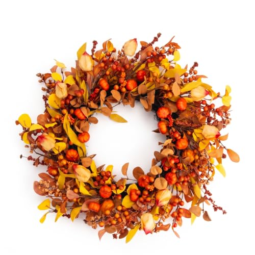 24-Inch Pumpkin Fall Wreath for Front Door - Autumn Harvest Decor - Pumpkin Variation