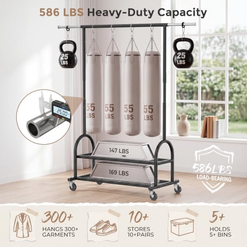 Heavy Duty Clothes Rack Black - 586 LBS Capacity, Adjustable & Rolling Garment Organizer