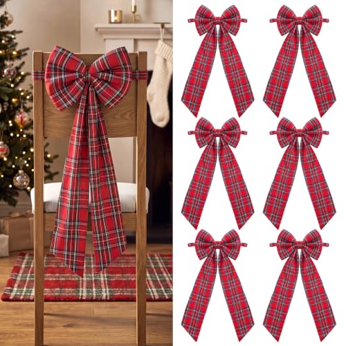 6pcs Christmas Chair Bows Decorations, 12x30in, Red, Tartan