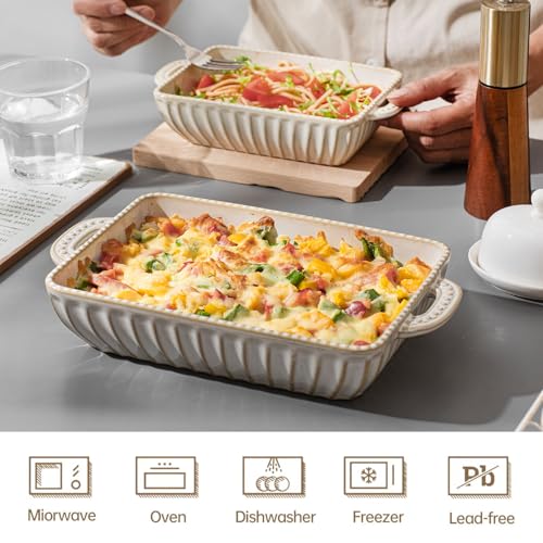 Rectangular Ceramic Casserole Dish Set with Handles - Vintage Hobnail Bakeware of 3 - Oven & Microwave Safe - 13.77, 11.6, 8.85 Inches - A-Rectangular