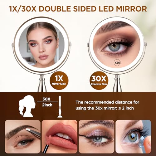 DASLAVA 30X Lighted Makeup Mirror with 3 Color Lights - Brushed Nickel