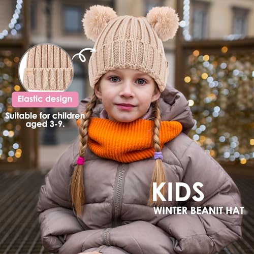 Tontuland Kids Winter Beanie Hat Beig e Pom Pom Fleece Lined Knit Cap for Boys & Girls