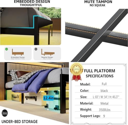 J.Fkne Full Bed Frames with Charging Station and LED Lights, Size
