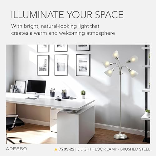 Adesso Silver Floor Lamp with 5 Movable Shades & Adjustable Brightness