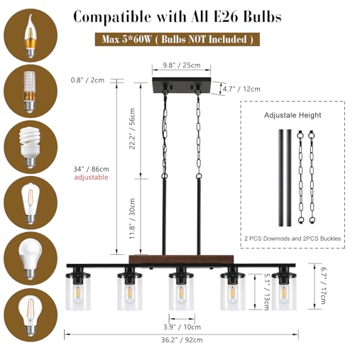 Black 36.2-inch Modern Farmhouse Kitchen Island Chandelier - 5-Light Adjustable