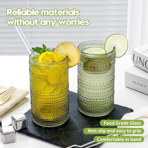 HEFBCOMK Set of 12 16oz Green Hobnail Drinking Glasses with Straws - Vintage Style, Durable Kitchen Water Cups for Cocktails, Juice, Whiskey, Milk