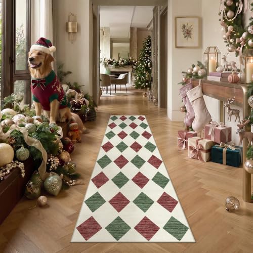 PureCozy Christmas Red Checkered Runner Rug 3x8 Holiday Hallway Carpet - Xmas Variant