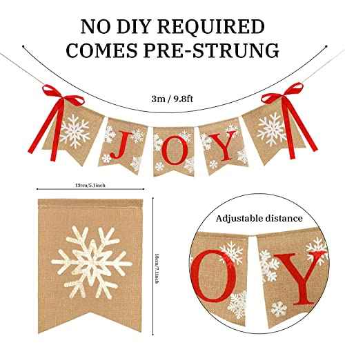 Whaline Christmas Burlap Banner Joy Bunting Flag Snowflake Banner with Ribbon Bows Rustic Hanging Banner Garland for Christmas Winter Holiday New Year Party Mantel Fireplace Decoration Supplies
