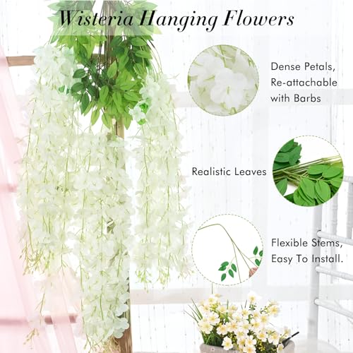 White Wisteria Hanging Flowers Set 40pcs Fake Floral Decor for Weddings & Home