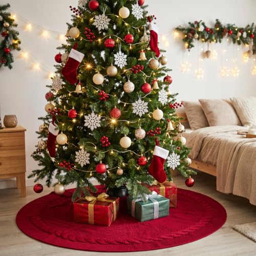 Benjia 60 Inch Red Knitted Christmas Tree Skirt for Large Artificial Trees