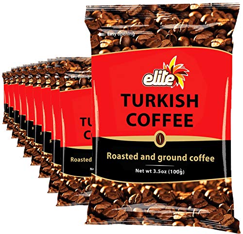 Elite Turkish Ground Roasted Coffee Bag - 3.5 Ounce Pack of 10 - Traditional & Rich Flavor