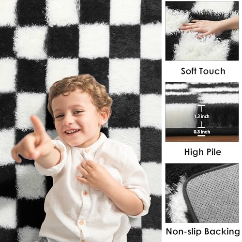 KICMOR 8x10 Black & White Checkered Shag Area Rug - Large Fluffy Plush Carpet for Living Room, Bedroom, Nursery