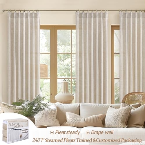 PleatedDrapes 96 Inch Curtains 2 Panel Set, Modern Linen Pleat Back