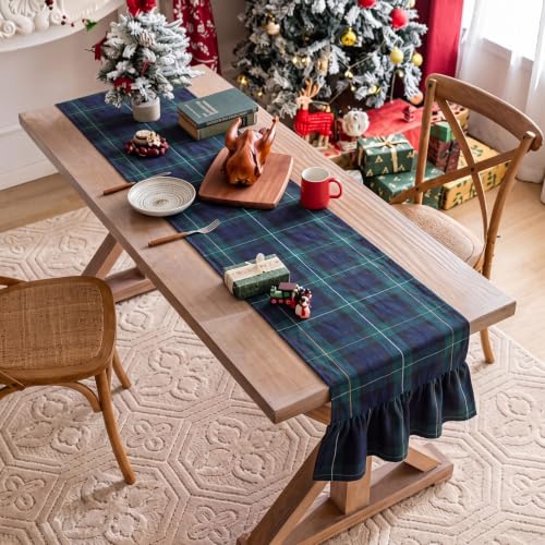Remagr Blue Green Christmas Tartan Plaid Ruffle Table Runner Set 13x90 Inches, 3 Pieces