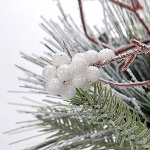 Briful 10 Inch Mini Artificial Christmas Tree with White Holly Pine Snowy Decor in Black Ceramic Pot