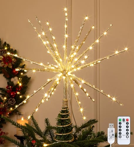 Obralitic 15 Inch Gold Starburst Christmas Tree Topper with 150 Lights & Remote