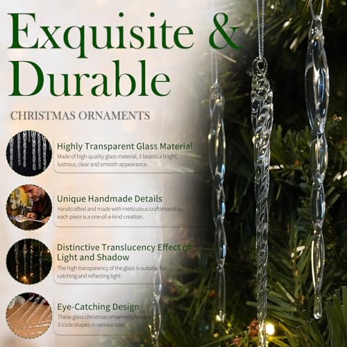 OuMuaMua 32-Piece Clear Handmade Glass Icicle Christmas Ornaments with Variations