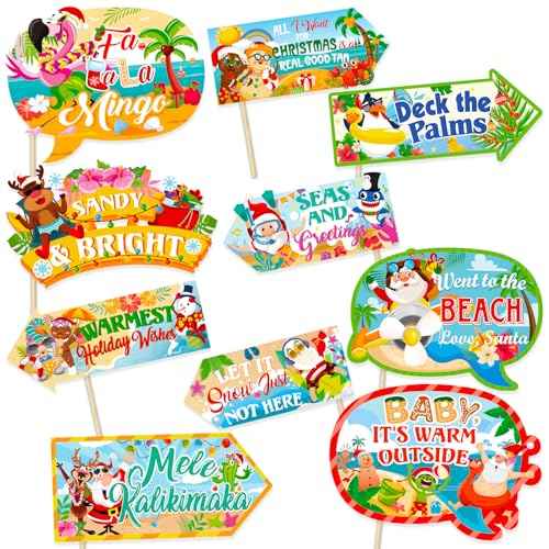 HOWAF 20pcs Funny Tropical Christmas Party Sign, Hawaii Christmas Decoration Directional Sign, Beach Santa Holiday Party Photo Booth Props Kit, Beach Santa Holiday Party Sign with Wood Sticks