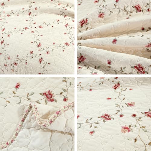 VCTOPS Floral Embroidered Oversize Queen Bedspread & Pillow Shams Set - Cotton, Reversible