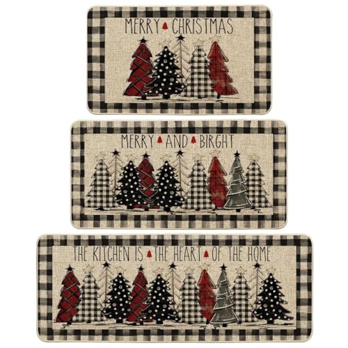 Buffalo Plaid Christmas Kitchen Mats Set of 3 Non-Slip Floor Rugs Winter Decor