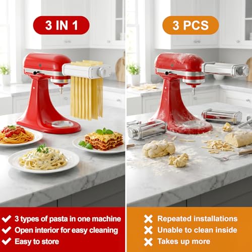 3-in-1 Pasta Maker Attachment for KitchenAid Stand Mixer - Fettuccine & Spaghetti Cutter, Adjustable Thickness