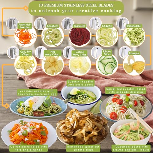 Brieftons 10-Blade Vegetable Spiralizer with Catch Container - White