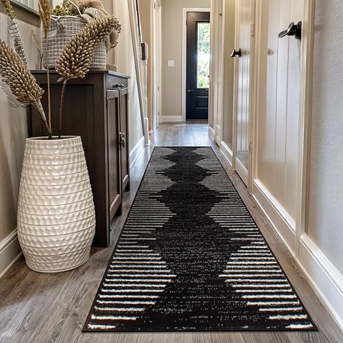 Bohemian Stripe Runner Rug 2'7 x 10' - Stain Resistant, Black, Durable