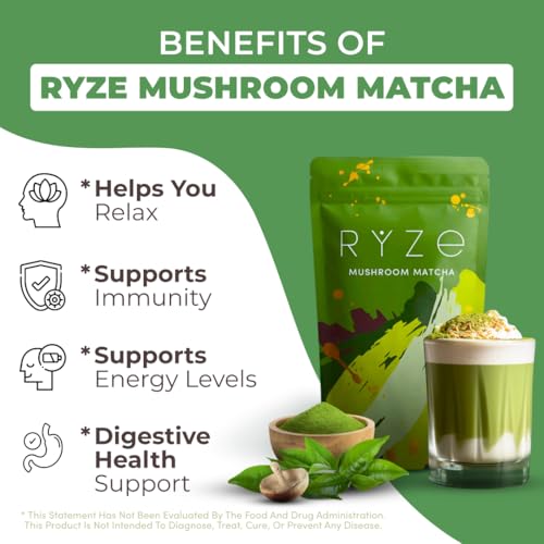 RYZE Organic Mushroom Matcha 6 Adaptogenic Mushrooms - 6.33 oz Pack