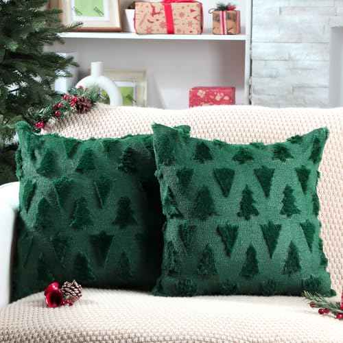 Mixweer 2 Set Christmas Tree Pillow Covers 18x18 Inch Green Christmas Throw Pillow Cases Decorations Plush Faux Fur Soft Cushion Case for Winter Xmas Holiday Home Bedroom Sofa