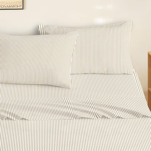 Wake In Cloud Queen Size Striped Bed Sheets Set - Light Brown & White Farmhouse Bedding
