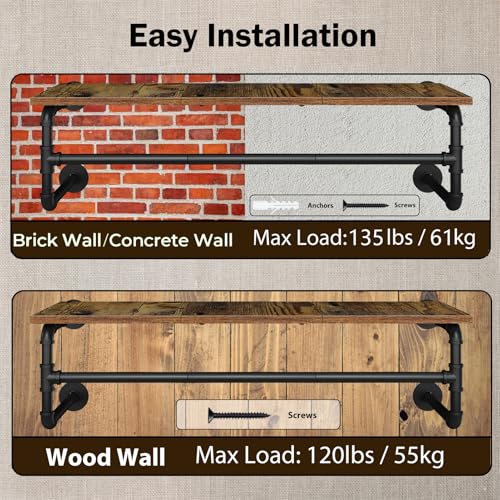 Wall Mounted Clothes Rack with 43.3in Shelf and Hanging Rod - Industrial Pipe Design, Space-Saving Garment Organizer, Black Finish, 110cm Variation