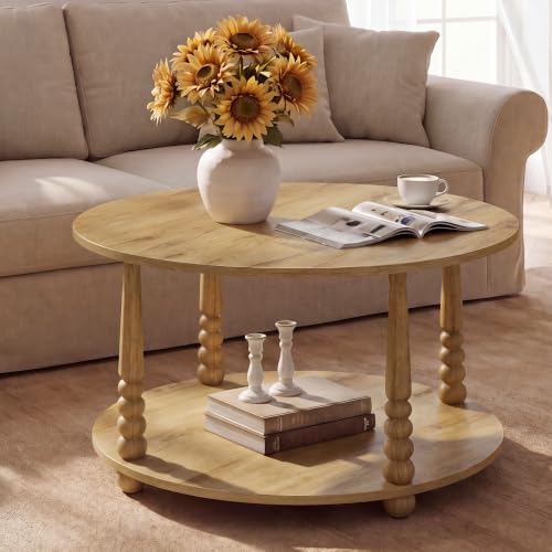 VASAGLE 2-Tier Round Coffee Table with Storage - Natural Brown
