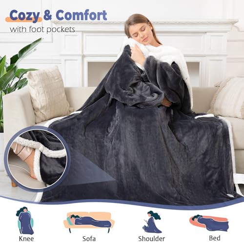 Grey Wearable Heated Blanket with Foot Pocket & Hood - Electric Throw with Sleeves, 8 Heat Levels, Auto-Off, Portable