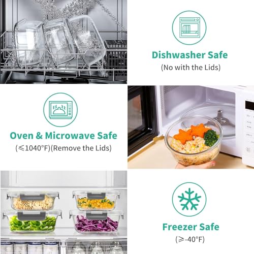 Glass Food Storage Containers Set - 34-Piece Airtight Meal Prep Lids - Gray