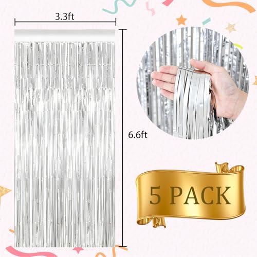 FESRYHOTIC 5 Pack Silver Streamers Fringe Curtains Backdrop May Include Silvery Variation
