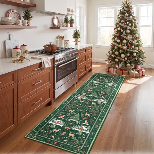 Green 2x8 Christmas Runner Rug Non Slip Washable for Kitchen Hallway Entryway