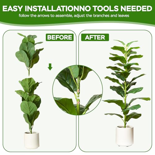 Artificial Fiddle Leaf Fig Tree Set - 35 Inch Indoor Outdoor Faux Plant with Pot, 2 Pack