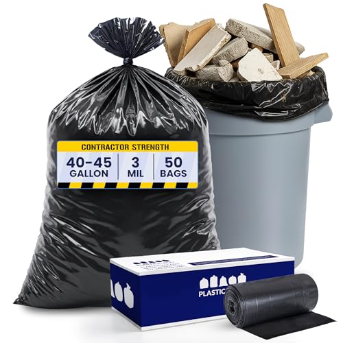 Heavy Duty Contractor Trash Bags 40-45 Gallon 3.0 Mil Black 50 Count - Puncture & Tear Resistant
