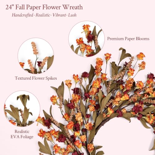 CHEAWRTZ 24in Fall Wreath with Handcrafted Paper Flowers - Deep Red & Orange
