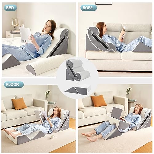 Yojoker 6-Piece Memory Foam Orthopedic Bed Wedge Pillow Set for Post Surgery & Pain Relief – White Grey
