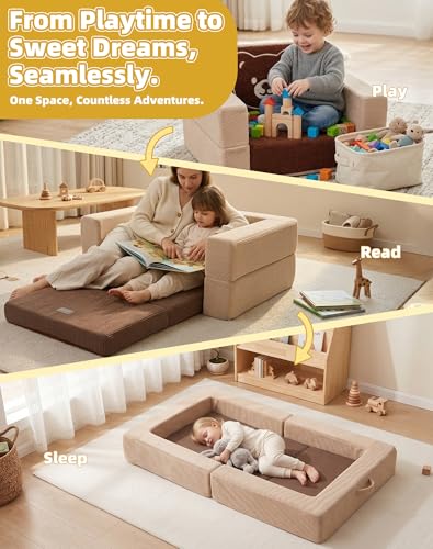 Medium Toddler Travel Sofa Bed with Bear Pattern - 3-in-1 Convertible Kids Couch & Floor Bed