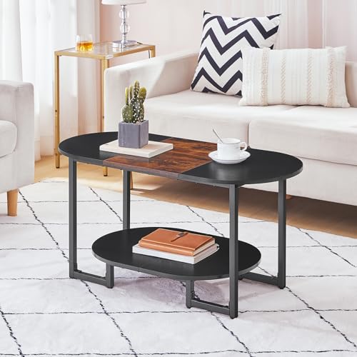 Oval Rustic Brown and Black Coffee Table with 2-Tier Storage - Wooden Center Table