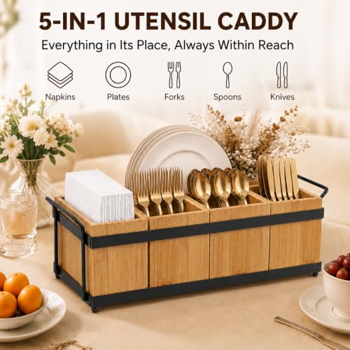 Bamboo Silverware Holder for Parties with 5 Removable Bins - Eco-Friendly Utensil Caddy