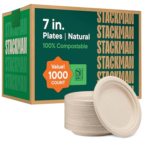 7-Inch Compostable Sugarcane Plates - 1000 Pack, Heavy-Duty Eco-Friendly Disposable Dinnerware - Variation of THIS listing