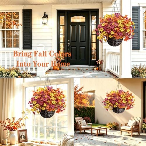 Artificial Fall Flowers Hanging Baskets - 2 Pack Outdoor Autumn Decor